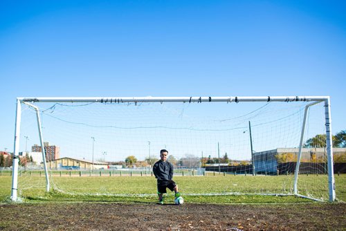 MIKAELA MACKENZIE / WINNIPEG FREE PRESS
Vivek Bhagria, the only Manitoban and one of three Canadians on the North American team in the first ever Dwarf World Cup in Buenos Aires, poses at his childhood soccer field in Winnipeg on Friday, Oct. 12, 2018. 
Winnipeg Free Press 2018.