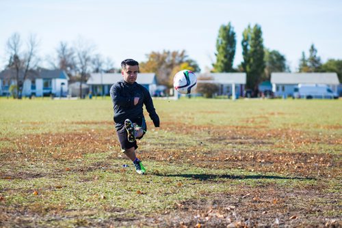 MIKAELA MACKENZIE / WINNIPEG FREE PRESS
Vivek Bhagria, the only Manitoban and one of three Canadians on the North American team in the first ever Dwarf World Cup in Buenos Aires, poses at his childhood soccer field in Winnipeg on Friday, Oct. 12, 2018. 
Winnipeg Free Press 2018.