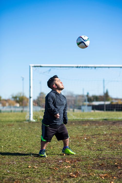 MIKAELA MACKENZIE / WINNIPEG FREE PRESS
Vivek Bhagria, the only Manitoban and one of three Canadians on the North American team in the first ever Dwarf World Cup in Buenos Aires, poses at his childhood soccer field in Winnipeg on Friday, Oct. 12, 2018. 
Winnipeg Free Press 2018.