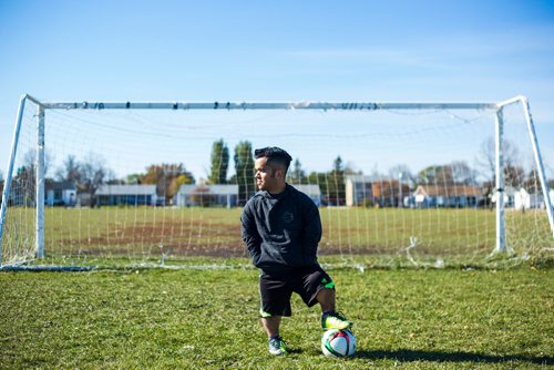 MIKAELA MACKENZIE / WINNIPEG FREE PRESS
Vivek Bhagria, the only Manitoban and one of three Canadians on the North American team in the first ever Dwarf World Cup in Buenos Aires, poses at his childhood soccer field in Winnipeg on Friday, Oct. 12, 2018. 
Winnipeg Free Press 2018.