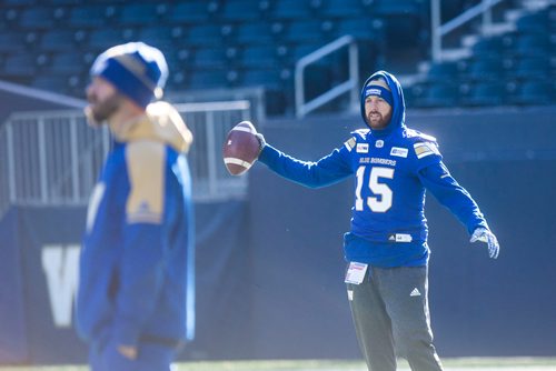 MIKAELA MACKENZIE / WINNIPEG FREE PRESS
Quarterback Matt Nichols warms up at the Bombers practice at the Investors Group Field in Winnipeg on Friday, Oct. 12, 2018. 
Winnipeg Free Press 2018.