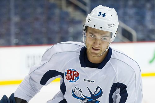 MIKE DEAL / WINNIPEG FREE PRESS
Manitoba Moose' JC Lipon (34) during practice at Bell MTS Place Friday morning.
181012 - Friday, October 12, 2018.