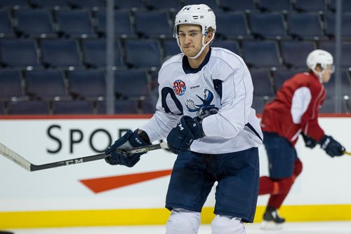 MIKE DEAL / WINNIPEG FREE PRESS
Manitoba Moose' JC Lipon (34) during practice at Bell MTS Place Friday morning.
181012 - Friday, October 12, 2018.