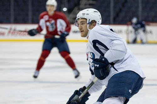 MIKE DEAL / WINNIPEG FREE PRESS
Manitoba Moose' JC Lipon (34) during practice at Bell MTS Place Friday morning.
181012 - Friday, October 12, 2018.