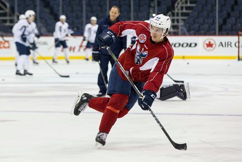 MIKE DEAL / WINNIPEG FREE PRESS
Manitoba Moose' Peter Stoykewych (42) during practice at Bell MTS Place Friday morning.
181012 - Friday, October 12, 2018.