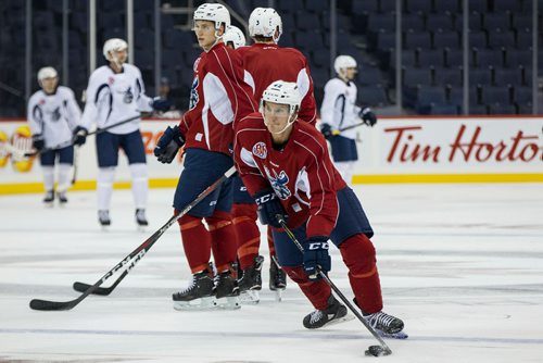 MIKE DEAL / WINNIPEG FREE PRESS
Manitoba Moose' Peter Stoykewych (42) during practice at Bell MTS Place Friday morning.
181012 - Friday, October 12, 2018.