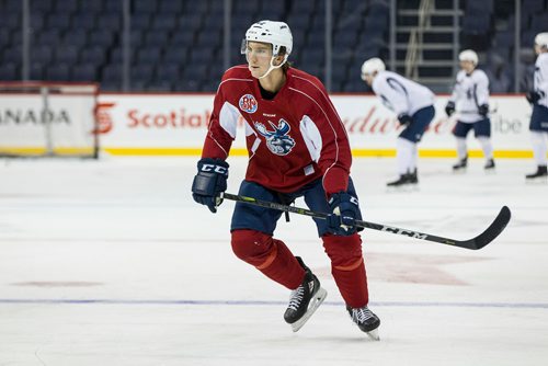 MIKE DEAL / WINNIPEG FREE PRESS
Manitoba Moose' Peter Stoykewych (42) during practice at Bell MTS Place Friday morning.
181012 - Friday, October 12, 2018.