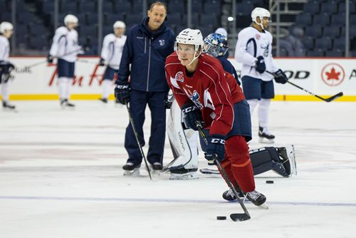 MIKE DEAL / WINNIPEG FREE PRESS
Manitoba Moose' Peter Stoykewych (42) during practice at Bell MTS Place Friday morning.
181012 - Friday, October 12, 2018.