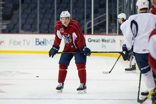 MIKE DEAL / WINNIPEG FREE PRESS
Manitoba Moose' Peter Stoykewych (42) during practice at Bell MTS Place Friday morning.
181012 - Friday, October 12, 2018.