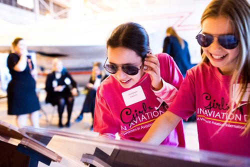 MIKAELA MACKENZIE / WINNIPEG FREE PRESS
J'Anna Bazylo (left) and Piper Schell explore at aviation day at the Royal Aviation Museum of Western Canada in Winnipeg on Saturday, Oct. 13, 2018. 
Winnipeg Free Press 2018.
