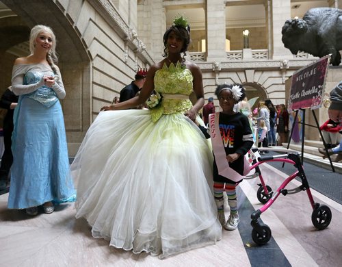 TREVOR HAGAN / WINNIPEG FREE PRESS
Brooklyn Burton, 6, at "Castle Chavella" with Princess Tiana at the Manitoba Legislative Building, as more than 100 young girls, including 70 battling life threatening or chronic illness were crowned Princess for a Day, Sunday, October 14, 2018.