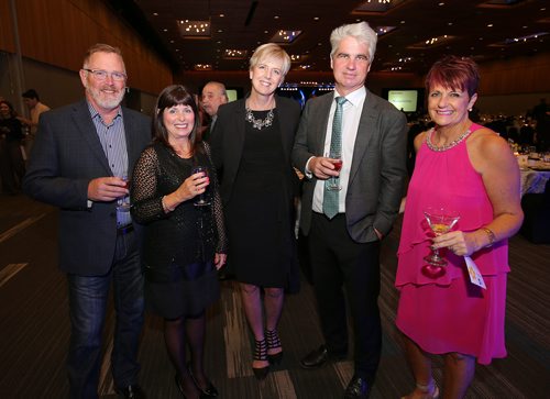 JASON HALSTEAD / WINNIPEG FREE PRESS

L-R: Dale McMurray, Maureen McMurray, Heidi Birchard, Bruce Birchard and Marni Strath (Daffodil Gala committee member) at the Canadian Cancer Society's Daffodil Gala on Sept. 28, 2018 at the RBC Convention Centre Winnipeg. (See Social Page)