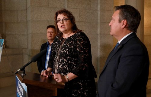 RUTH BONNEVILLE / WINNIPEG FREE PRESS


LOCAL - Minister Colleen Mayer responds to questions from the media regarding Minister Graydon's remark in the Rotunda at Legislative Building Tuesday.   Justice Minister Cliff Cullen and Minister Ron Schuler were present at presser.  
 
October 16, 2018