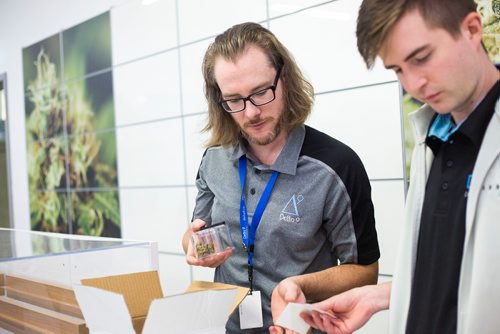 MIKAELA MACKENZIE / WINNIPEG FREE PRESS
Donnie Smith (left) and Chad LaPointe put cannabis on display at the sensory bar at the Delta 9 cannabis store in Winnipeg on Tuesday, Oct. 16, 2018. 
Winnipeg Free Press 2018.