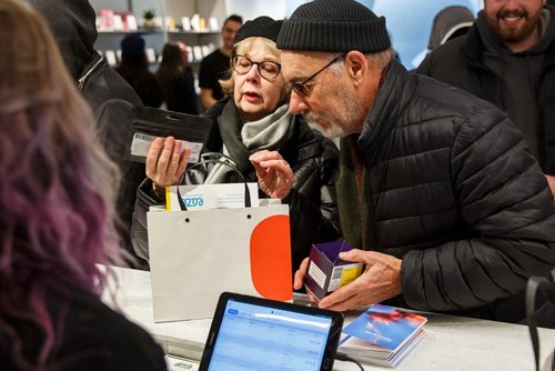 MIKE DEAL / WINNIPEG FREE PRESS
Hubert, 72, and his wife Claudine Bergeron at the opening of Tokyo Smoke are some of the first in Winnipeg to be able to purchase recreational cannabis legally now that the laws have been changed. 
181017 - Wednesday, October 17, 2018.