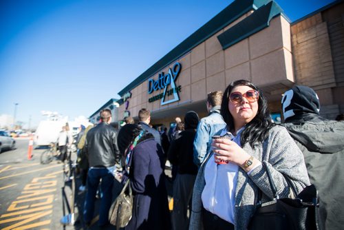 MIKAELA MACKENZIE / WINNIPEG FREE PRESS
Caitlin Turner, a mother of two and a recreational cannabis user, stands in line at Delta 9 in Winnipeg on Wednesday, Oct. 17, 2018. 
Winnipeg Free Press 2018.