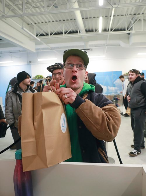 RUTH BONNEVILLE / WINNIPEG FREE PRESS

Delta 9 Cannibis store's 1st customer in line, Steven Stairs, who camped out in his tent from Tuesday evening shows his excitement as he purchases his first order of cannabis at Delta 9 Cannabis store on Dakota Street Wednesday.

See Carol's story.


October 17, 2018