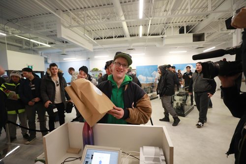 RUTH BONNEVILLE / WINNIPEG FREE PRESS

Delta 9 Cannabis store's 1st customer in line, Steven Stairs, who camped out in his tent from Tuesday evening shows his excitement as he purchases his first order of cannabis at Delta 9 Cannabis store on Dakota Street Wednesday.

See Carol's story.


October 17, 2018