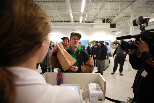 RUTH BONNEVILLE / WINNIPEG FREE PRESS

Delta 9 Cannabis store's 1st customer in line, Steven Stairs, who camped out in his tent from Tuesday evening shows his excitement as he purchases his first order of cannabis at Delta 9 Cannabis store on Dakota Street Wednesday.

See Carol's story.


October 17, 2018