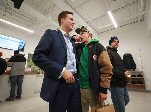 RUTH BONNEVILLE / WINNIPEG FREE PRESS

Delta 9 Cannabis store's 1st customer in line, Steven Stairs, who camped out in his tent from Tuesday evening, chats with store owner, John Arbuthnot, after Stairs purchased his 1st order of cannabis Wednesday.  

See Carol's story.


October 17, 2018