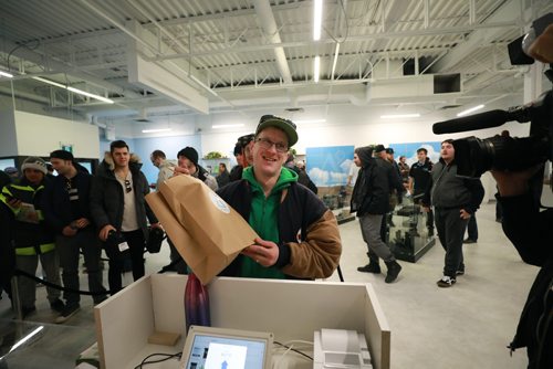 RUTH BONNEVILLE / WINNIPEG FREE PRESS

Delta 9 Cannabis store's 1st customer in line, Steven Stairs, who camped out in his tent from Tuesday evening shows his excitement as he purchases his first order of cannabis at Delta 9 Cannabis store on Dakota Street Wednesday.

See Carol's story.


October 17, 2018