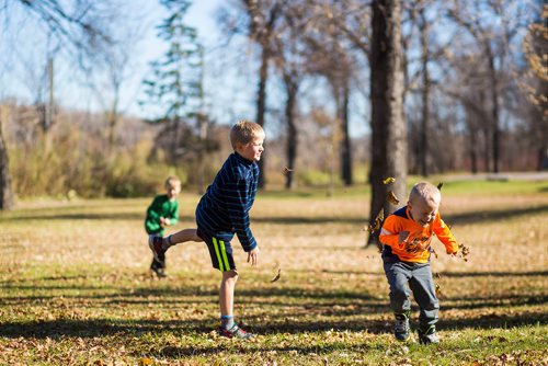 MIKAELA MACKENZIE / WINNIPEG FREE PRESS
Brothers Eddy (right), Toby, and Siggy Wohlgemut play in St. Vital Park in Winnipeg on Thursday, Oct. 18, 2018. 
Winnipeg Free Press 2018.