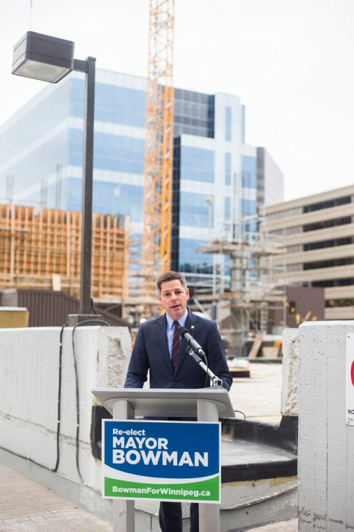 MIKAELA MACKENZIE / WINNIPEG FREE PRESS
Mayor Brian Bowman releases his campaign platform document on Main Street in Winnipeg on Friday, Oct. 19, 2018. 
Winnipeg Free Press 2018.