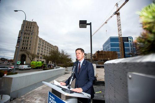 MIKAELA MACKENZIE / WINNIPEG FREE PRESS
Mayor Brian Bowman releases his campaign platform document on Main Street in Winnipeg on Friday, Oct. 19, 2018. 
Winnipeg Free Press 2018.