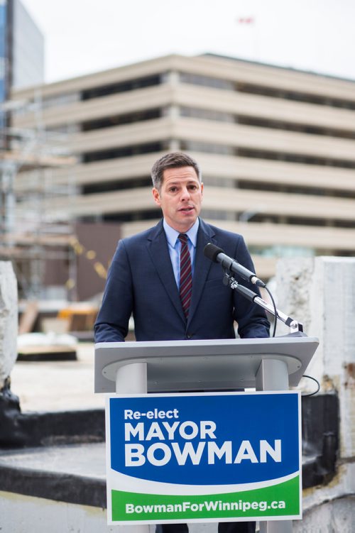 MIKAELA MACKENZIE / WINNIPEG FREE PRESS
Mayor Brian Bowman releases his campaign platform document on Main Street in Winnipeg on Friday, Oct. 19, 2018. 
Winnipeg Free Press 2018.