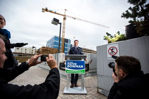 MIKAELA MACKENZIE / WINNIPEG FREE PRESS
Mayor Brian Bowman releases his campaign platform document on Main Street in Winnipeg on Friday, Oct. 19, 2018. 
Winnipeg Free Press 2018.