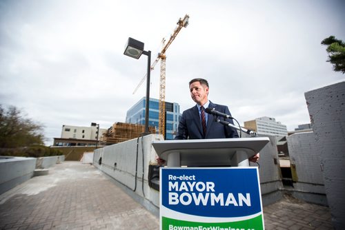 MIKAELA MACKENZIE / WINNIPEG FREE PRESS
Mayor Brian Bowman releases his campaign platform document on Main Street in Winnipeg on Friday, Oct. 19, 2018. 
Winnipeg Free Press 2018.