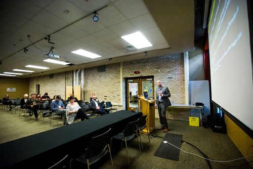 MIKAELA MACKENZIE / WINNIPEG FREE PRESS
Dr. Brent Guppy from Synthase Genetics Inc. speaks about cannabis plant anatomy and function at a cannabis legalization conference led by Red River College's School of Indigenous Education in Winnipeg on Friday, Oct. 19, 2018. 
Winnipeg Free Press 2018.