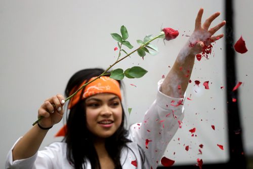 TREVOR HAGAN / WINNIPEG FREE PRESS
Kristine Macalinao, assistant coordinator for Let's Talk Science, and a 4th year genetics student crumbling a rose she froze with liquid nitrogen during a magic show during the Spooky Science event at the University of Manitoba, Saturday, October 20, 2018.