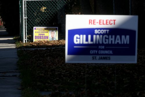 TREVOR HAGAN / WINNIPEG FREE PRESS
Shawn Dobson and Scott Gillingham election signs on Roseberry St, in St.James, Saturday, October 20, 2018.