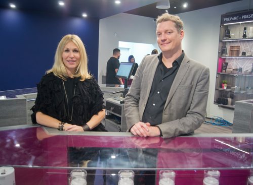 Canstar Community News Oct. 17, 2018 - Kelly Kennedy, retail marketing manager, and Matt Ryan, vice president of marketing, with Meta Cannabis are pictured in the brand's first store in Canada located at 23-584 Pembina Hwy. The cannabis dispensary opened its doors to the public at 5 p.m. on Oct. 17. (DANIELLE DA SILVA/SOUWESTER/CANSTAR)