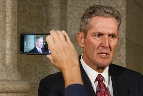 MIKE DEAL / WINNIPEG FREE PRESS
Premier Brian Pallister answers questions regarding the PC caucus expelling Emerson MLA Cliff Graydon for inappropriate remarks he made recently to female staff in the rotunda of the Manitoba Legislative building after question period Monday afternoon.
181022 - Monday, October 22, 2018.