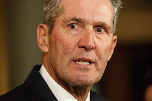 MIKE DEAL / WINNIPEG FREE PRESS
Premier Brian Pallister answers questions regarding the PC caucus expelling Emerson MLA Cliff Graydon for inappropriate remarks he made recently to female staff in the rotunda of the Manitoba Legislative building after question period Monday afternoon.
181022 - Monday, October 22, 2018.