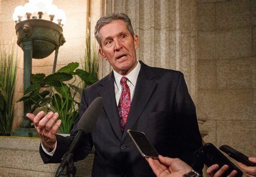 MIKE DEAL / WINNIPEG FREE PRESS
Premier Brian Pallister answers questions regarding the PC caucus expelling Emerson MLA Cliff Graydon for inappropriate remarks he made recently to female staff in the rotunda of the Manitoba Legislative building after question period Monday afternoon.
181022 - Monday, October 22, 2018.