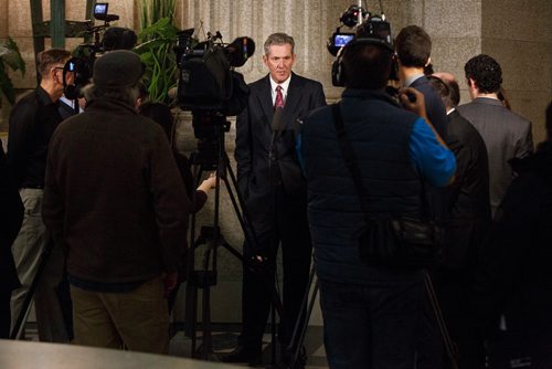 MIKE DEAL / WINNIPEG FREE PRESS
Premier Brian Pallister answers questions regarding the PC caucus expelling Emerson MLA Cliff Graydon for inappropriate remarks he made recently to female staff in the rotunda of the Manitoba Legislative building after question period Monday afternoon.
181022 - Monday, October 22, 2018.