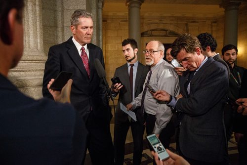 MIKE DEAL / WINNIPEG FREE PRESS
Premier Brian Pallister answers questions regarding the PC caucus expelling Emerson MLA Cliff Graydon for inappropriate remarks he made recently to female staff in the rotunda of the Manitoba Legislative building after question period Monday afternoon.
181022 - Monday, October 22, 2018.