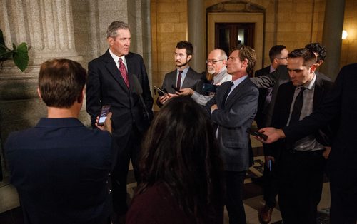 MIKE DEAL / WINNIPEG FREE PRESS
Premier Brian Pallister answers questions regarding the PC caucus expelling Emerson MLA Cliff Graydon for inappropriate remarks he made recently to female staff in the rotunda of the Manitoba Legislative building after question period Monday afternoon.
181022 - Monday, October 22, 2018.