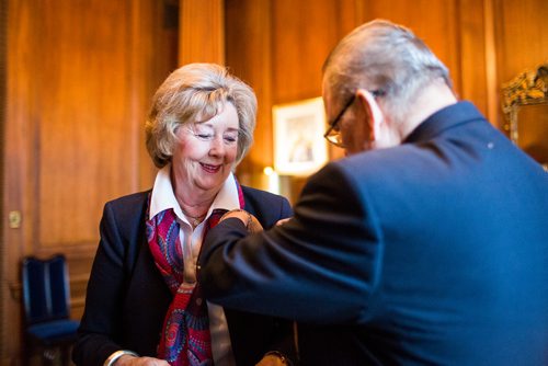 MIKAELA MACKENZIE / WINNIPEG FREE PRESS
Lieutenant-Governor Janice Filmon is presented with the first poppy of this years annual Royal Canadian Legion fundraiser by Comrade Ronn Anderson at the Manitoba Legislative Building in Winnipeg on Tuesday, Oct. 23, 2018. 
Winnipeg Free Press 2018.