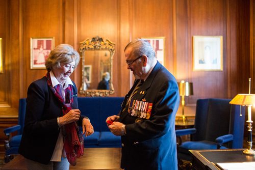 MIKAELA MACKENZIE / WINNIPEG FREE PRESS
Lieutenant-Governor Janice Filmon is presented with the first poppy of this years annual Royal Canadian Legion fundraiser by Comrade Ronn Anderson at the Manitoba Legislative Building in Winnipeg on Tuesday, Oct. 23, 2018. 
Winnipeg Free Press 2018.