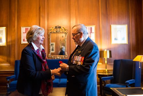 MIKAELA MACKENZIE / WINNIPEG FREE PRESS
Lieutenant-Governor Janice Filmon is presented with the first poppy of this years annual Royal Canadian Legion fundraiser by Comrade Ronn Anderson at the Manitoba Legislative Building in Winnipeg on Tuesday, Oct. 23, 2018. 
Winnipeg Free Press 2018.