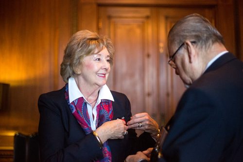 MIKAELA MACKENZIE / WINNIPEG FREE PRESS
Lieutenant-Governor Janice Filmon is presented with the first poppy of this years annual Royal Canadian Legion fundraiser by Comrade Ronn Anderson at the Manitoba Legislative Building in Winnipeg on Tuesday, Oct. 23, 2018. 
Winnipeg Free Press 2018.