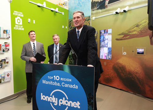 RUTH BONNEVILLE / WINNIPEG FREE PRESS


Biz,  LOCAL - Lonely Planet

Travel Manitoba held a news conference with remarks  by,  Brian Pallister, Premier of Manitoba, Ben Buckner, Lonely Planet Canadian Destination Editor and  Colin Ferguson, President & CEO, Travel Manitoba (green tie), announcing Manitoba making  lonely planet list as one of the top 10 regions for the best travel destinations for 2019, at Travel Manitoba Visitor Information Centre, at the  Forks Tuesday.   Also in attendance was Blaine Pedersen, Minister of Growth, Enterprise and Tourism (blue suit). 



See Martin Cash story. 

October 23, 2018
