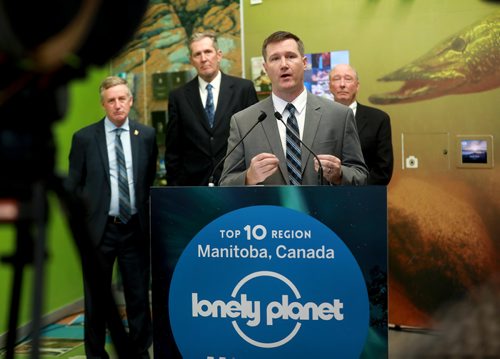 RUTH BONNEVILLE / WINNIPEG FREE PRESS


Biz,  LOCAL - Photo of  Lonely Planet Canadian Destination Editor, Ben Buckner.

Travel Manitoba held a news conference with remarks  by,  Brian Pallister, Premier of Manitoba, Ben Buckner, Lonely Planet Canadian Destination Editor and  Colin Ferguson, President & CEO, Travel Manitoba (green tie), announcing Manitoba making  lonely planet list as one of the top 10 regions for the best travel destinations for 2019, at Travel Manitoba Visitor Information Centre, at the  Forks Tuesday.   Also in attendance was Blaine Pedersen, Minister of Growth, Enterprise and Tourism (blue suit). 



See Martin Cash story. 

October 23, 2018