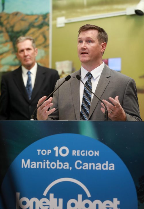 RUTH BONNEVILLE / WINNIPEG FREE PRESS


Biz,  LOCAL - Photo of  Lonely Planet Canadian Destination Editor, Ben Buckner.

Travel Manitoba held a news conference with remarks  by,  Brian Pallister, Premier of Manitoba, Ben Buckner, Lonely Planet Canadian Destination Editor and  Colin Ferguson, President & CEO, Travel Manitoba (green tie), announcing Manitoba making  lonely planet list as one of the top 10 regions for the best travel destinations for 2019, at Travel Manitoba Visitor Information Centre, at the  Forks Tuesday.   Also in attendance was Blaine Pedersen, Minister of Growth, Enterprise and Tourism (blue suit). 



See Martin Cash story. 

October 23, 2018