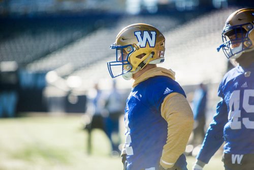 MIKAELA MACKENZIE / WINNIPEG FREE PRESS
Adam Bighill at Bombers practice at Investors Group Field in Winnipeg on Tuesday, Oct. 23, 2018. 
Winnipeg Free Press 2018.