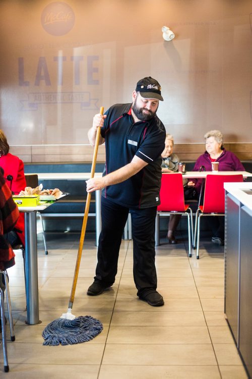 MIKAELA MACKENZIE / WINNIPEG FREE PRESS
Edward Case, an adult living with special needs, cleans tables and mops floors at McDonald's in Winnipeg on Wednesday, Oct. 24, 2018. 
Winnipeg Free Press 2018.